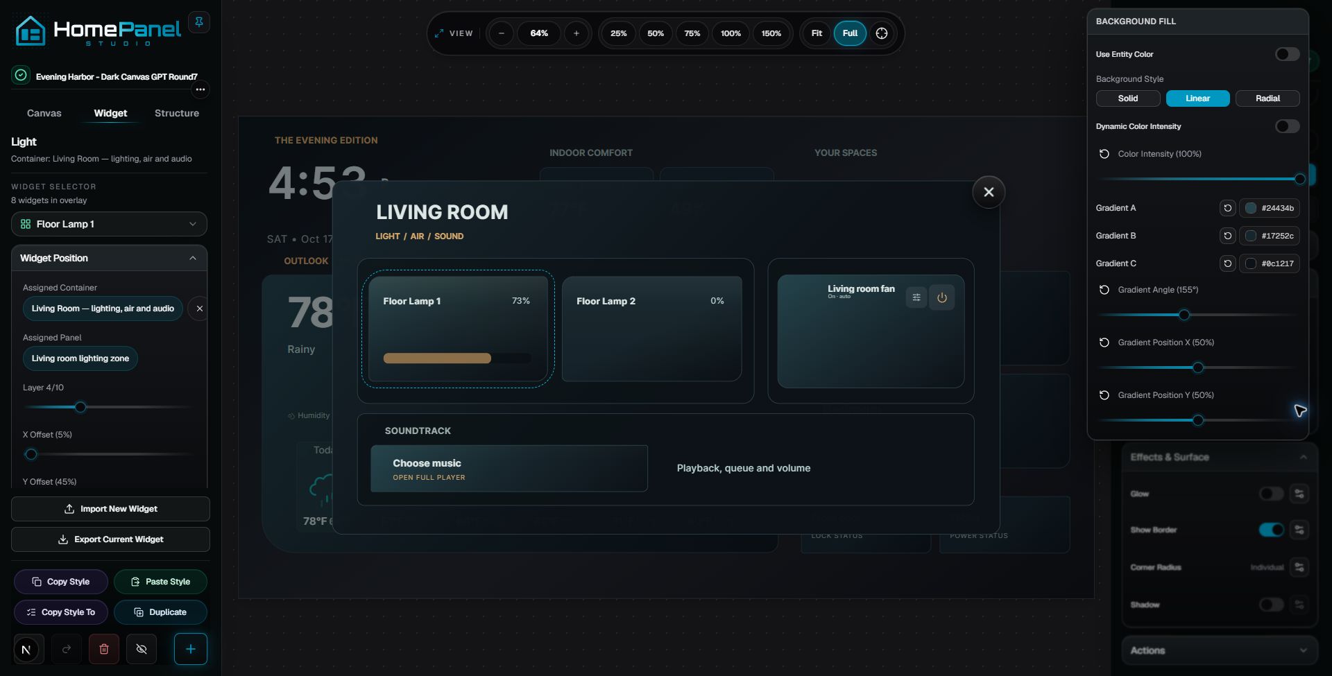 Full HomePanel Studio editor with the background-fill controls open beside a selected widget.