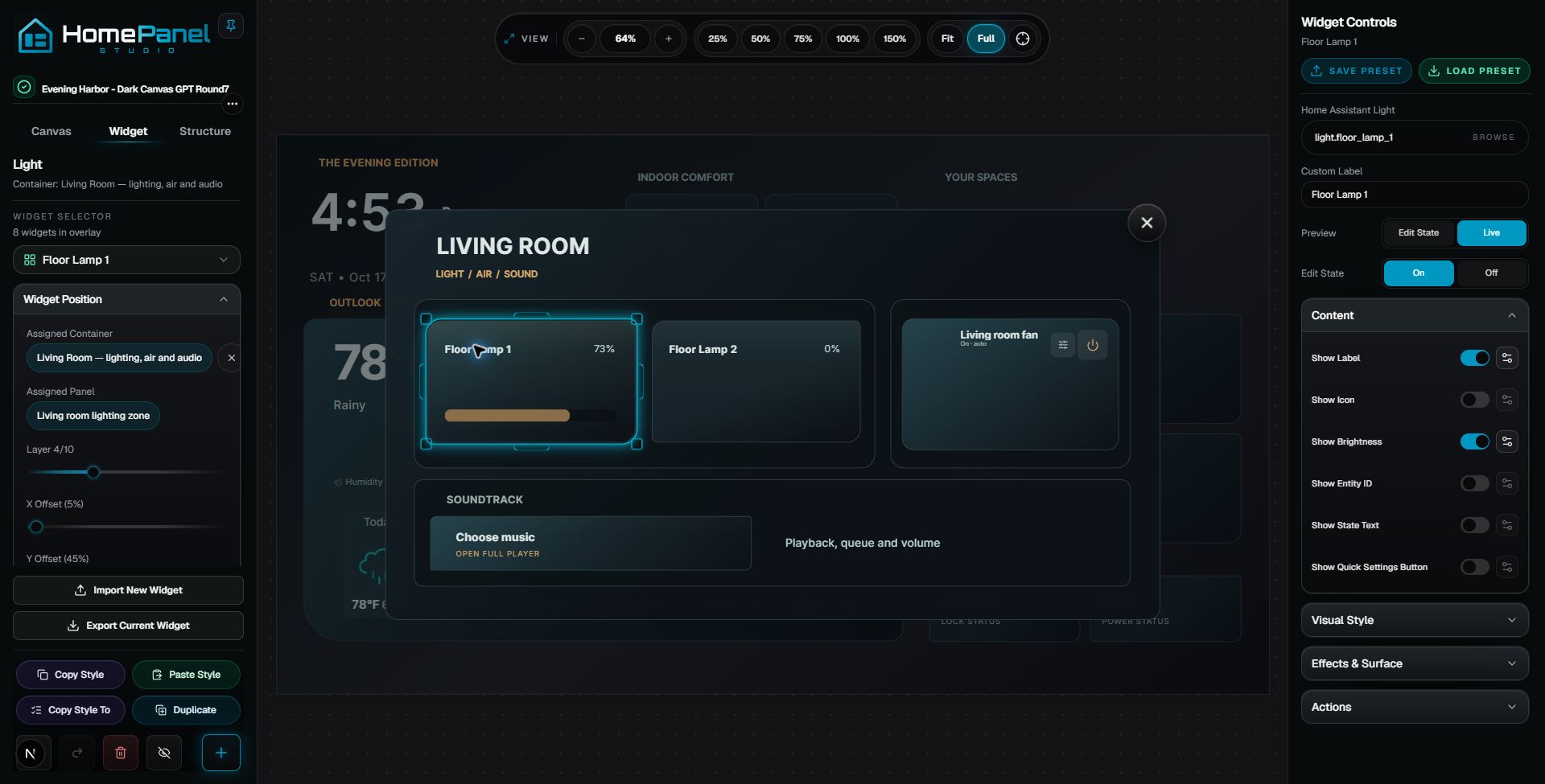 Full HomePanel Studio editor with its native header, a selected light, canvas placement and widget controls.
